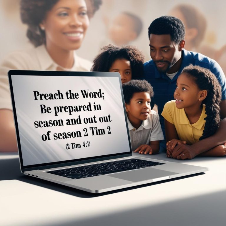 make mockup of a laptop with the words _Preach the word; be prepared in season and out of season (2 Tim 4_2) _ with family watching online (3)