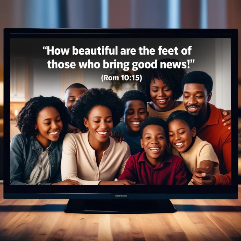 make mockup of a tv with the words _How beautiful are the feet of those who bring good news!__ (Rom 10_15) _ with family watching online