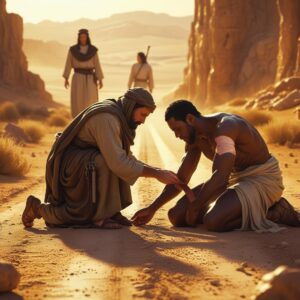 A compassionate Middle Eastern traveler kneeling to help a wounded man on a dusty desert road bandaging his wounds while a priest and Levite walk away in the distance