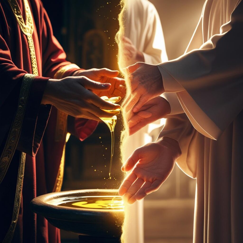 draw a split screen image of old and new How God Anointed People old testament priest with a oil and the Holy Spirit anoints in new testament (1)