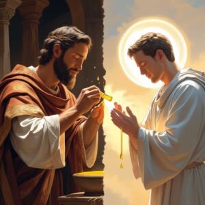 draw a split screen image of old and new How God Anointed People old testament priest with a oil and the Holy Spirit anoints in new testament