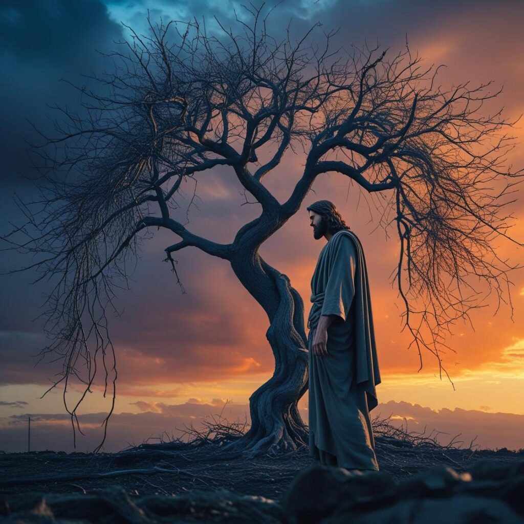 draw an empty full of leavesfruitless fig tree, Jesus is angry at it and it withers