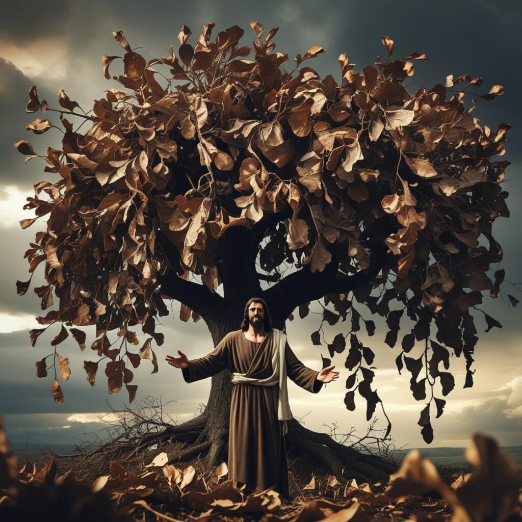 draw full of leaves fruitless fig tree, Jesus is angry at it (2)