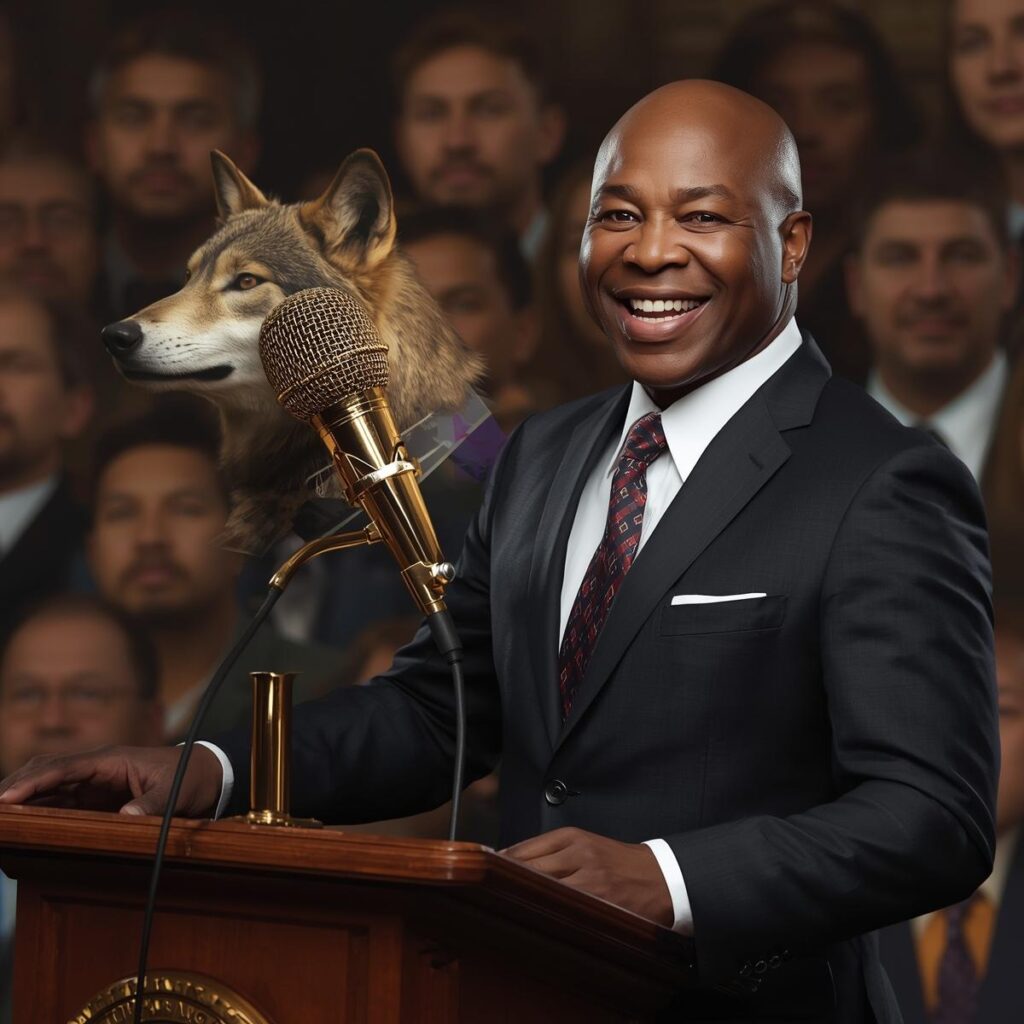 A portrait of a charismatic african preacher in a sharp, expensive suit at a pulpit, smiling warmly