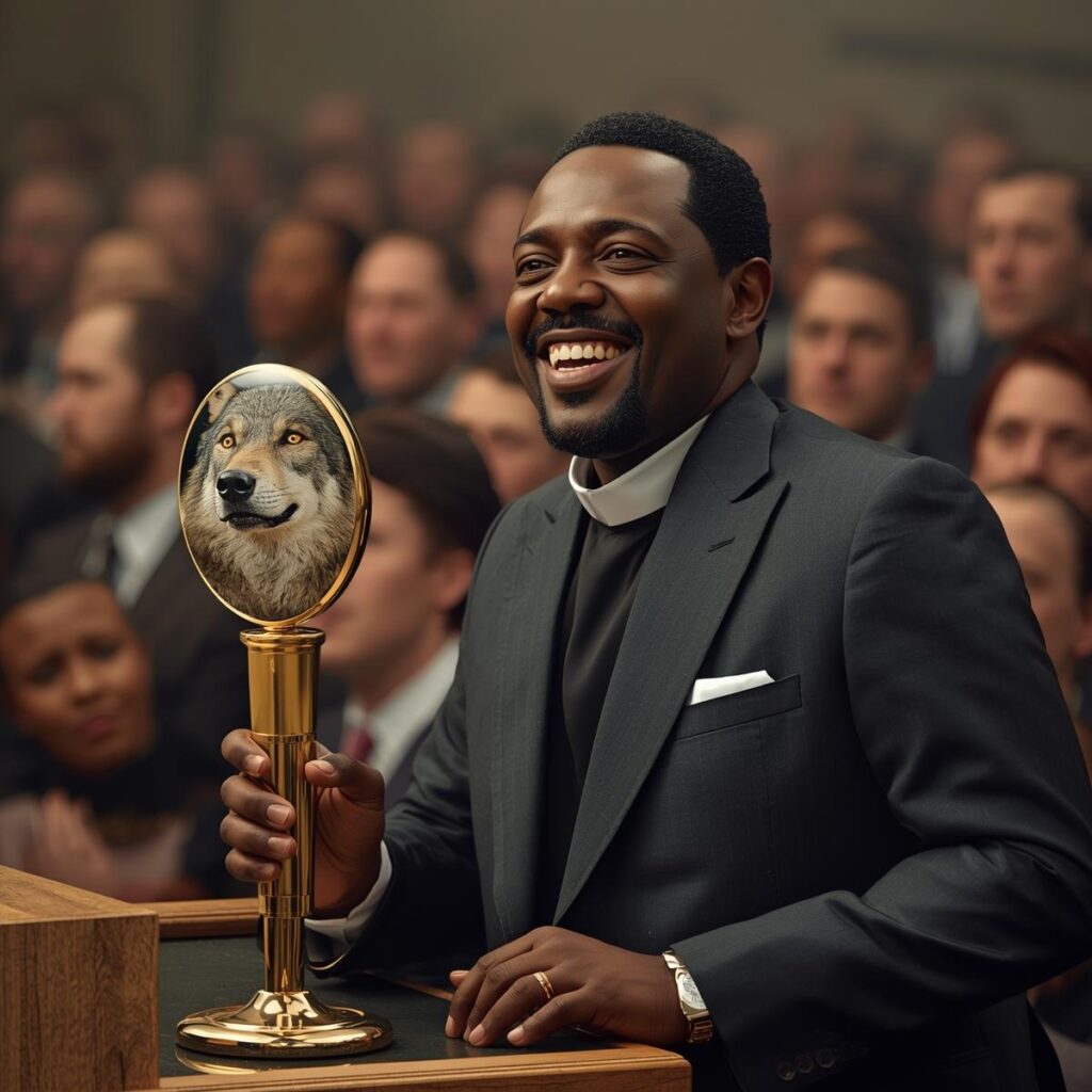 A portrait of a charismatic african preacher in cassock in a sharp, expensive suit at a pulpit, smiling warmly