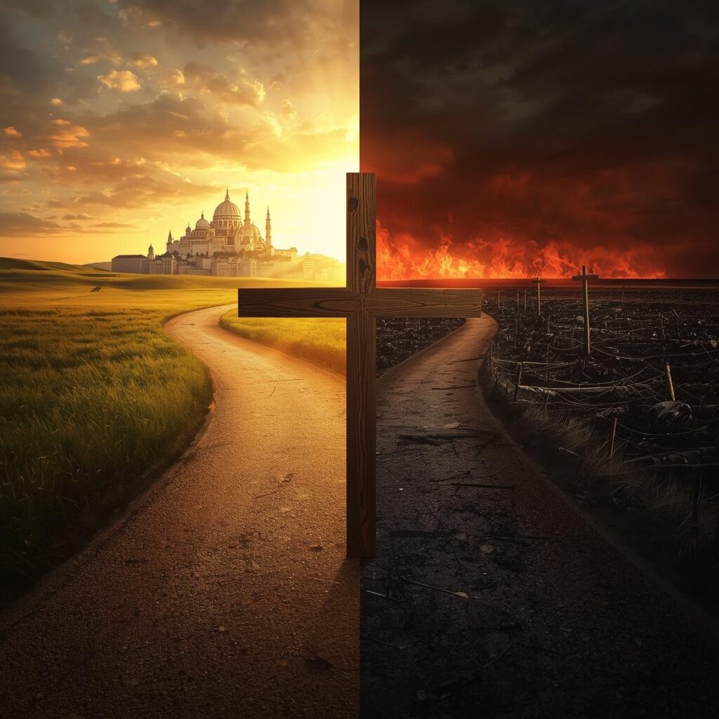 A powerful, hyper-realistic digital painting of a simple wooden cross standing at the center of a fork in a path