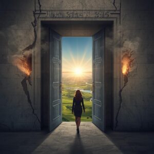 A wide angle hopeful photograph from behind a person who is looking at a massive open doorway. 5