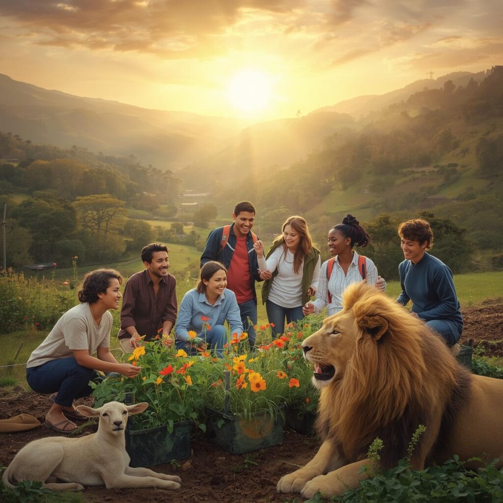 OSAS: Once Saved, Always Saved 5 A warm golden sunrise over a lush peaceful valley. In the foreground a diverse group of people 2