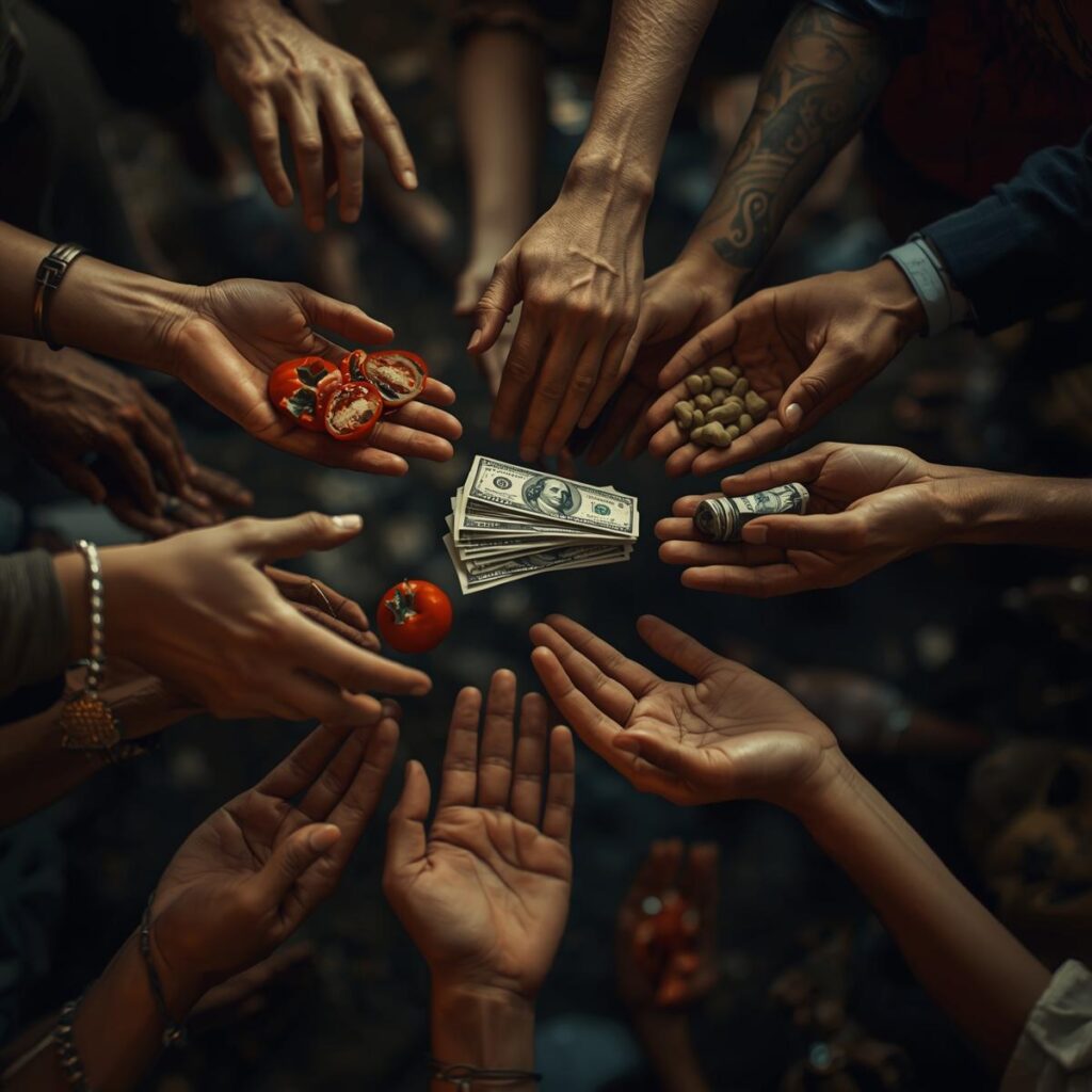 Giving and helping hand food, money, shelter