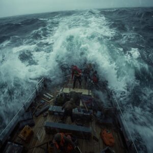 Storm and tempest tossing people on a boat with their stuff 7
