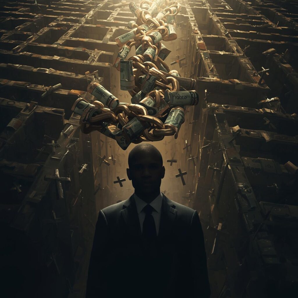 15 Clear Signs You Are Sitting Under a False Teacher or Pastor 2 A person is tangled in a large glowing chain but the links are made of Nigerian Naira notes tiny scrolls with Obey wr