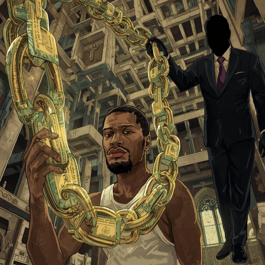 A person is tangled in a large glowing chain but the links are made of Nigerian Naira notes tiny scrolls with Obey written on them and