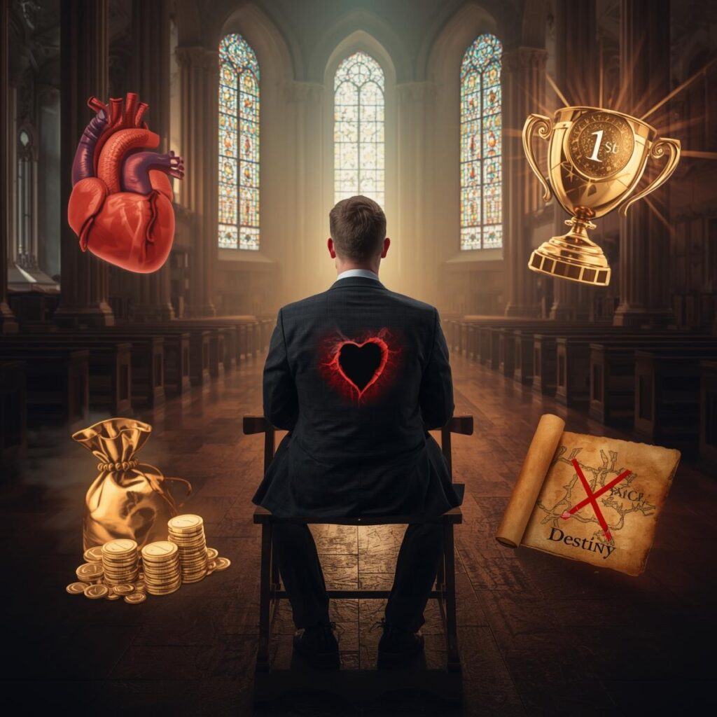 black hole is visible in their chest. Floating around them are ghostly tempting images a bag of money a