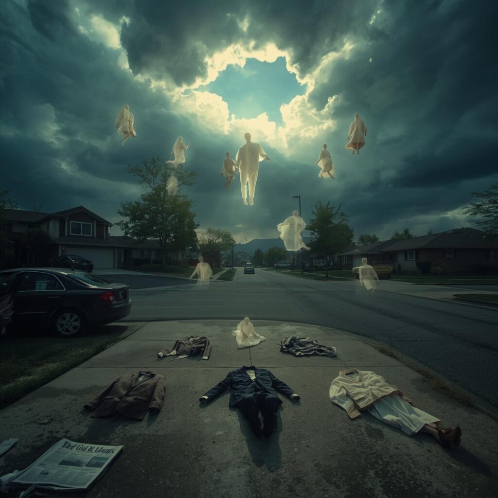 A cinematic, wide-angle shot from a quiet suburban street at dawn