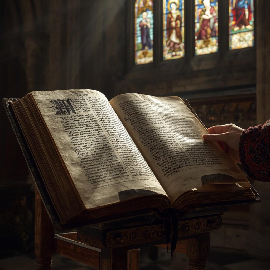 Random Facts About the Bible's Journey Through History 6 A macro detailed shot of the Gutenberg Bible on a wooden stand in a Gothic cathedral