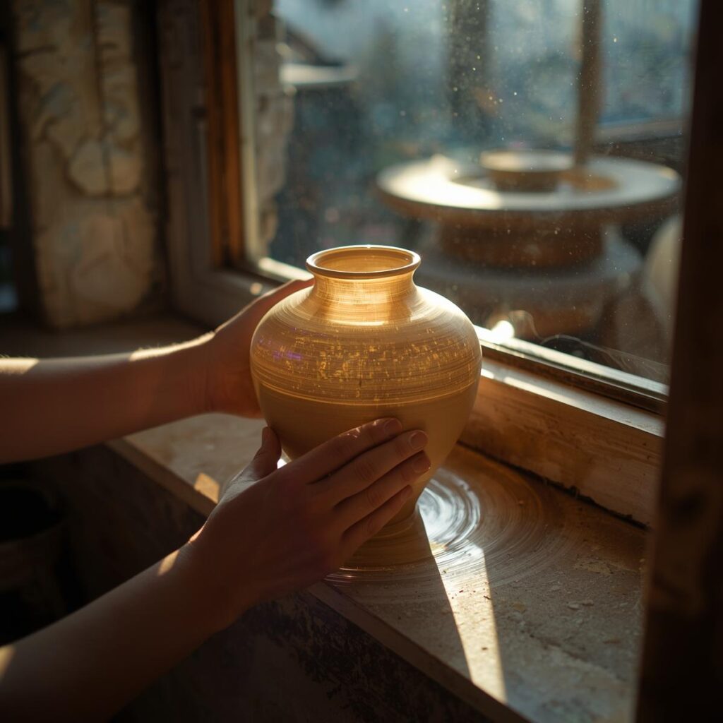 A wide shot of the same pottery workshop