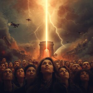 In the foreground a diverse group of hopeful weary people look upward their faces beginning to glow as if lit from within. 2