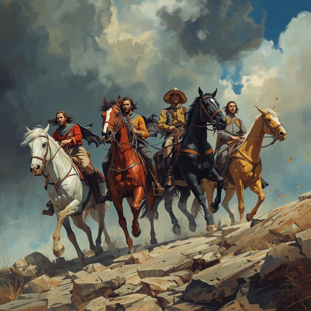 Strong strong picture wey get four different riders for different colour horses