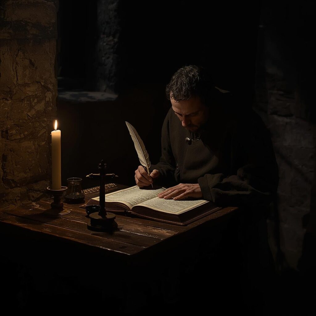 Random Facts About the Bible's Journey Through History 5 medieval stone scriptorium a lone scribe with a quill meticulously hand copying an English Bible manuscript by candlelight. T