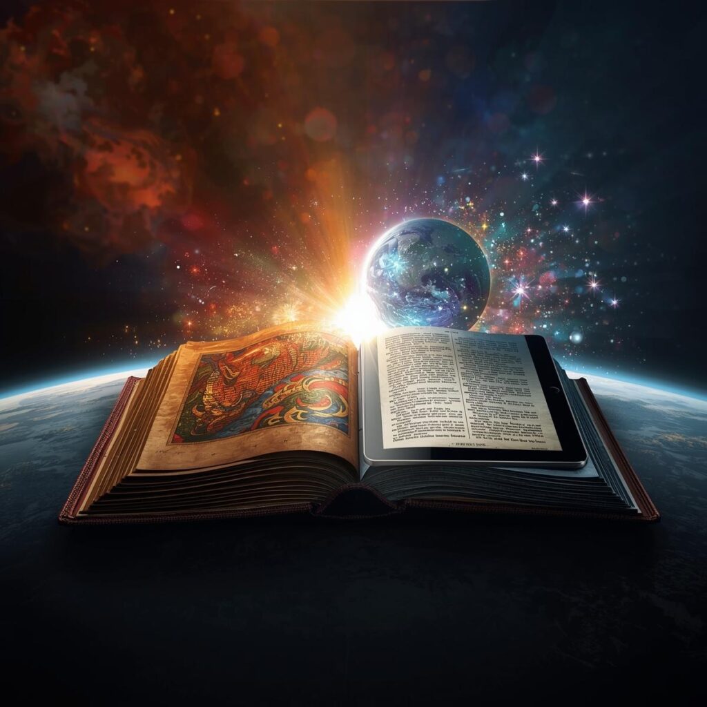 owing the metamorphosis of the Bible. In the center, an open book