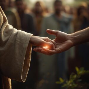 A close up intimate shot of Jesus hands in mid action. One hand is g