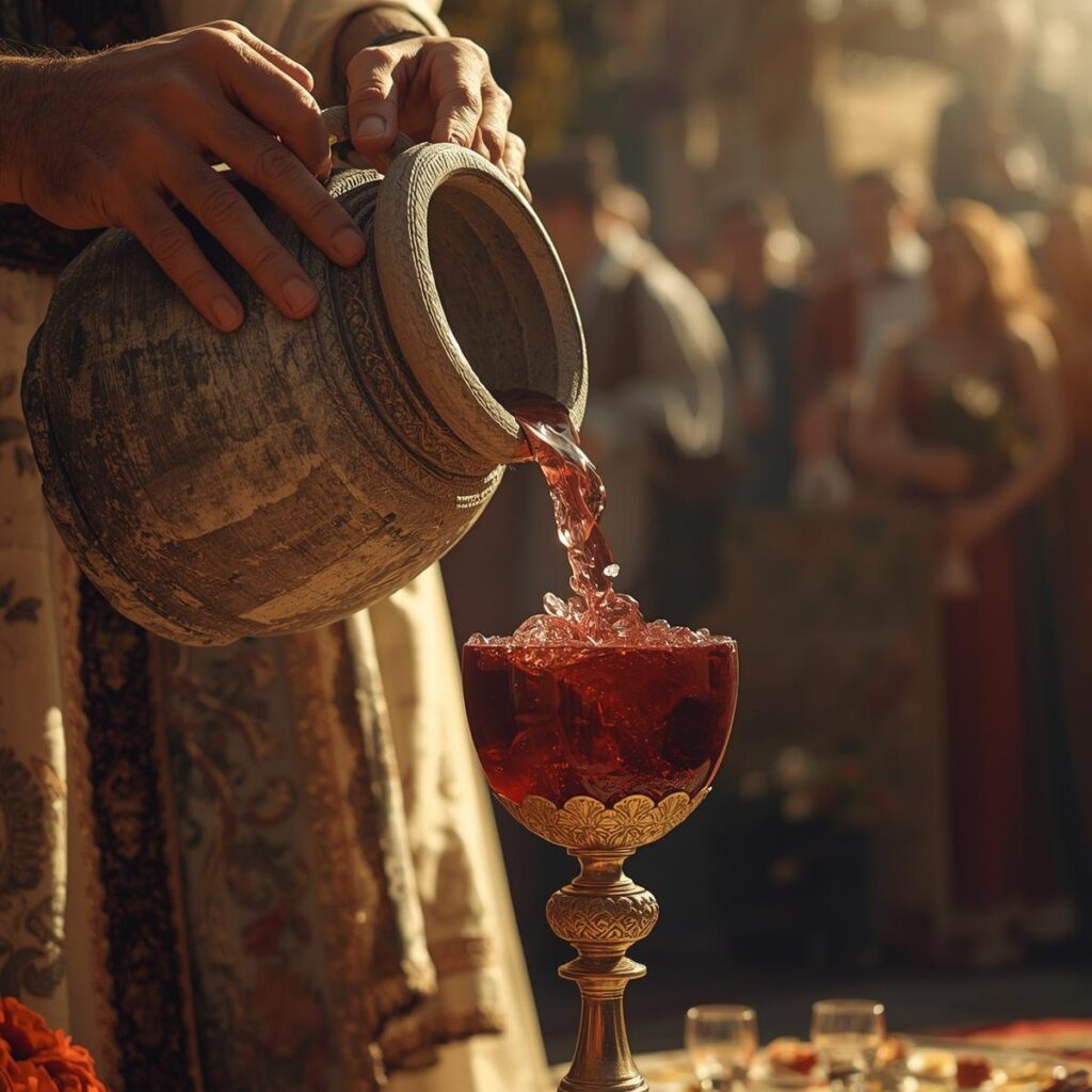 The Miracles of Jesus: More Than Wonders, Messages of Love and Power - Part 1 2 A close up of a servants hands pouring water from a stone jar into a cup the liquid miraculously transforming into deep red wine at a sun drenched wedding feast. 2