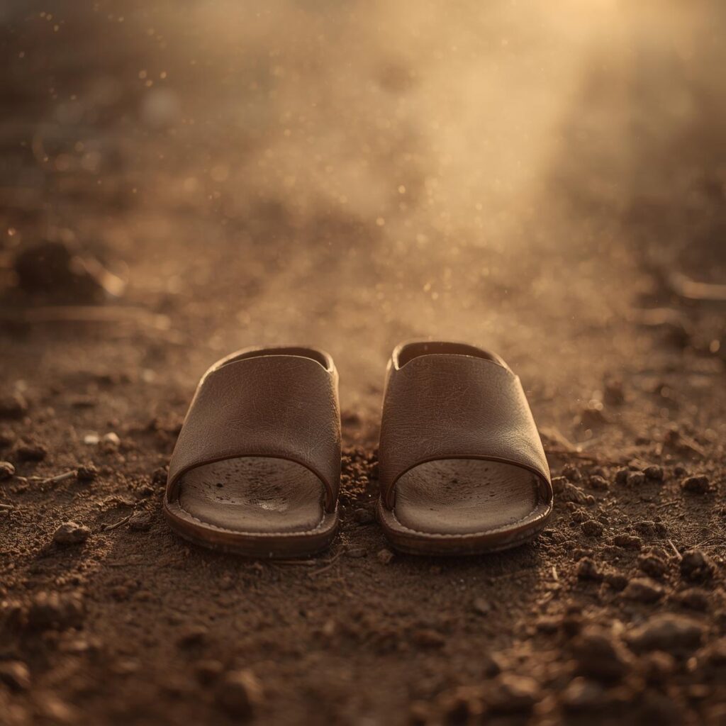 Holy Ground: What "Take Off Your Shoes" Really Means For You Today 2 A close up serene image of a worn pair of simple leather sandals neatly placed side by side on dry dusty grou