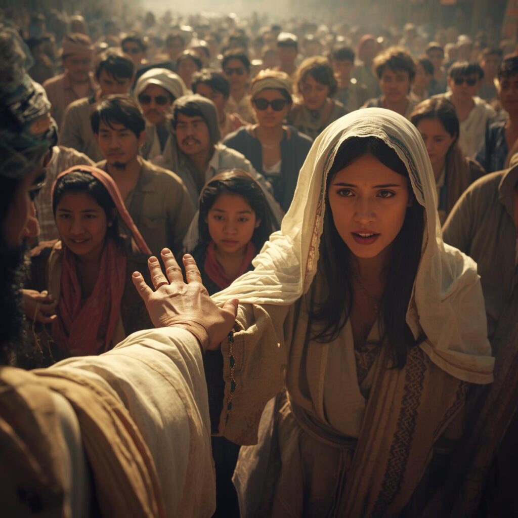 The Miracles of Jesus: More Than Wonders, Messages of Love and Power - Part 1 12 A crowded dusty street where a woman her face veiled in hope and fear is stretching her hand through the press of people to just touch the hem of Jesus simple robe. 2