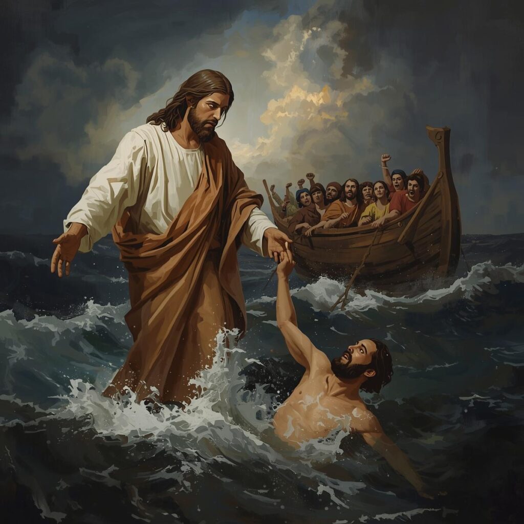 The Miracles of Jesus: More Than Wonders, Messages of Love and Power - Part 1 6 A dramatic scene of Jesus standing calmly on stormy dark waves reaching out to pull up a sinking Peter with a boat of amazed disciples in the background. 2