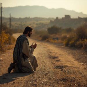 Day 24: A Prayer for a Future and a Hope 1 A royal official kneeling before Jesus on a dusty road with a look of desperate hope as Jesus speaks calmly with the distant town of Capernaum visible in the background. 1