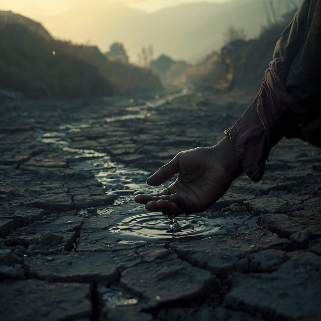 A single weathered hand cups the last drops of water from a stony dry riverbed. In the distance a dusty path leads toward a small village. 3