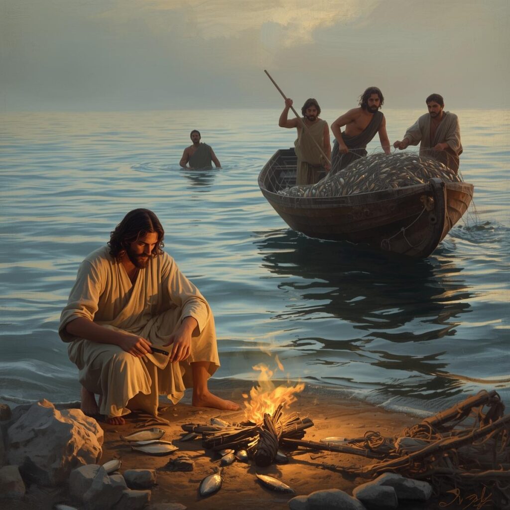 At dawn on the shores of the Sea of Galilee the resurrected Jesus tending a small fire watching as Peter swims toward Him and the o
