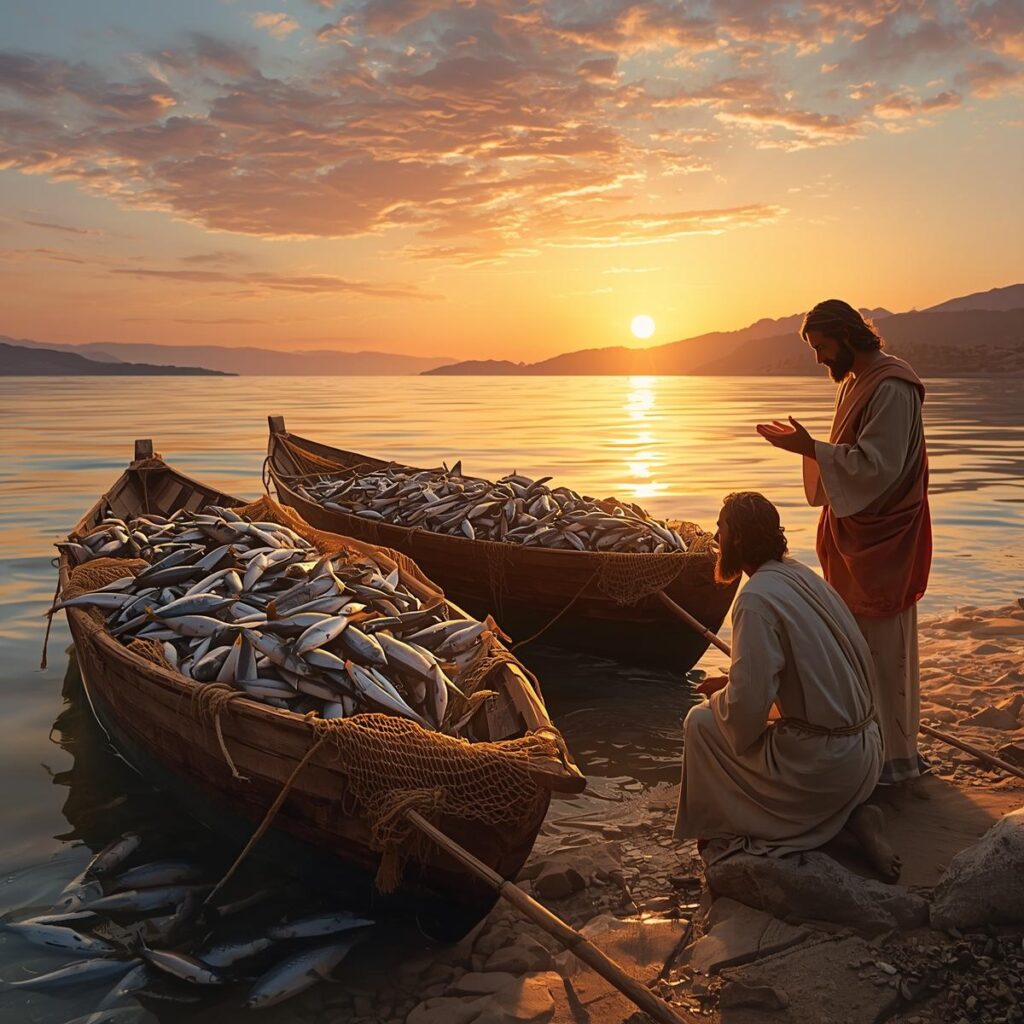 Dawn over the Sea of Galilee with two fishing boats so full of a shimmering miraculous catch of fish that they are low in th
