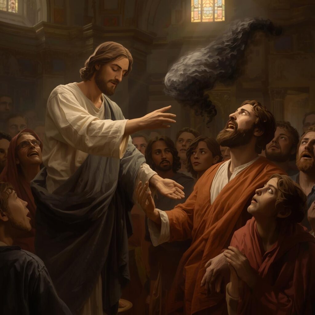 In a synagogue Jesus standing with authority His hand extended towards a man convulsing as a dark shadowy spir