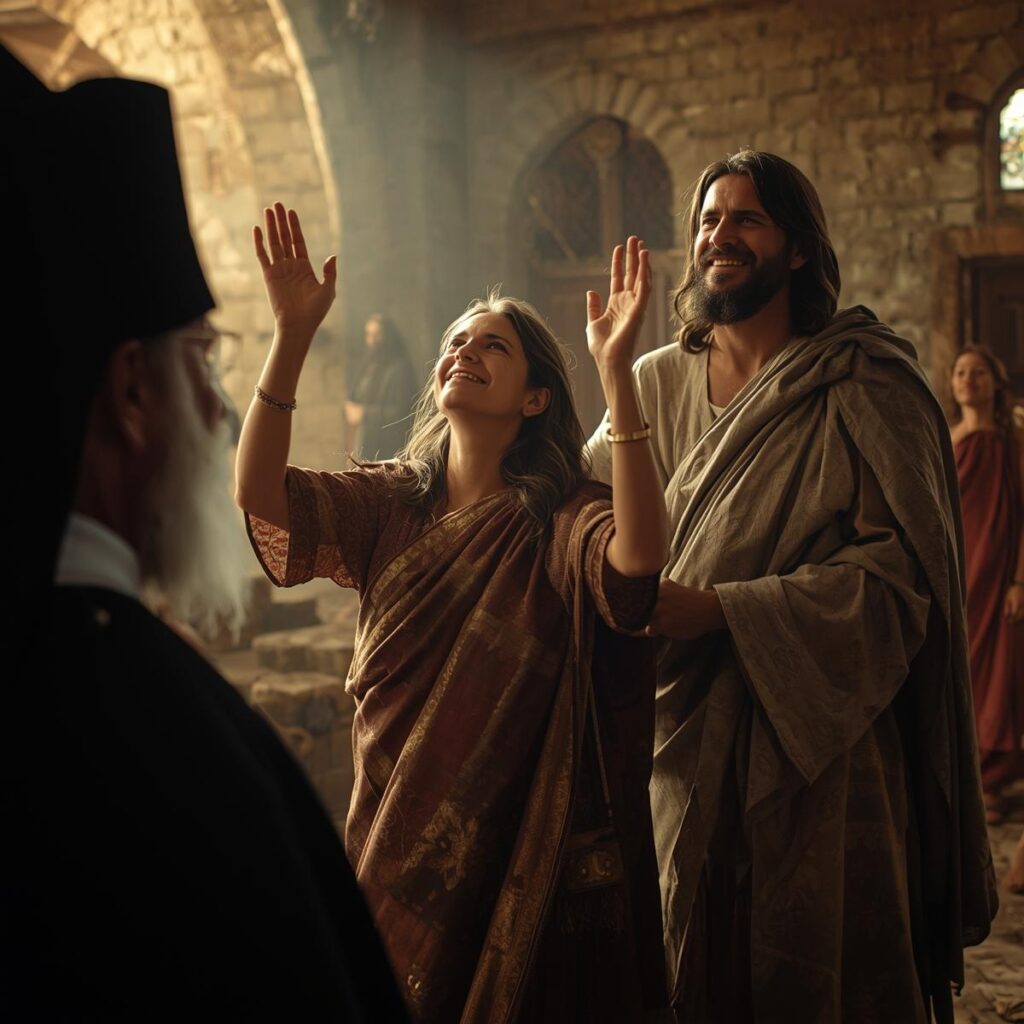 In a synagogue a woman who has been bent double for years is suddenly standing tall her face radiant and hands raised in praise as Jesus smiles beside her with a frustr