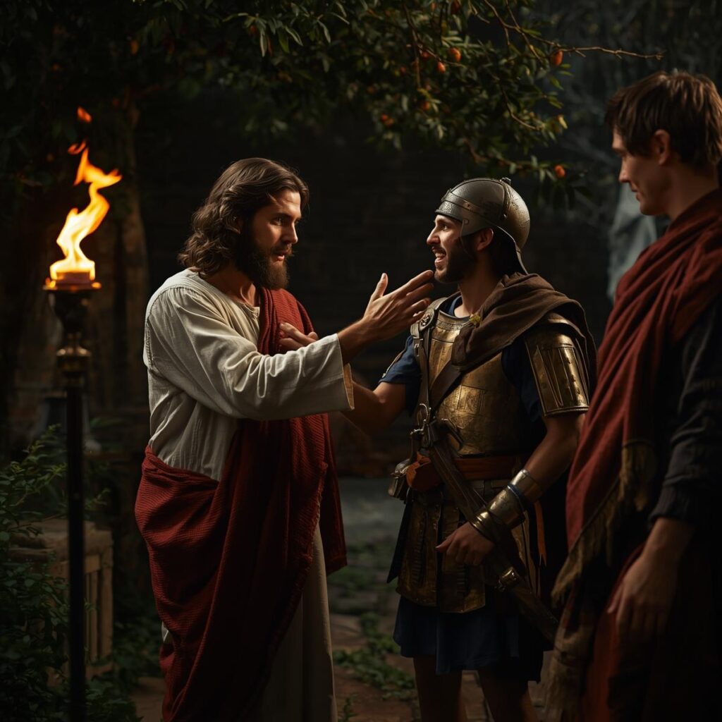 The Miracles of Jesus: More Than Wonders, Messages of Love and Power - Part 1 9 In the dark garden lit by torchlight Jesus calmly touches the bloodied ear of a stunned Roman soldier as Peter stands by with a sword a powerful moment of peace amidst chaos