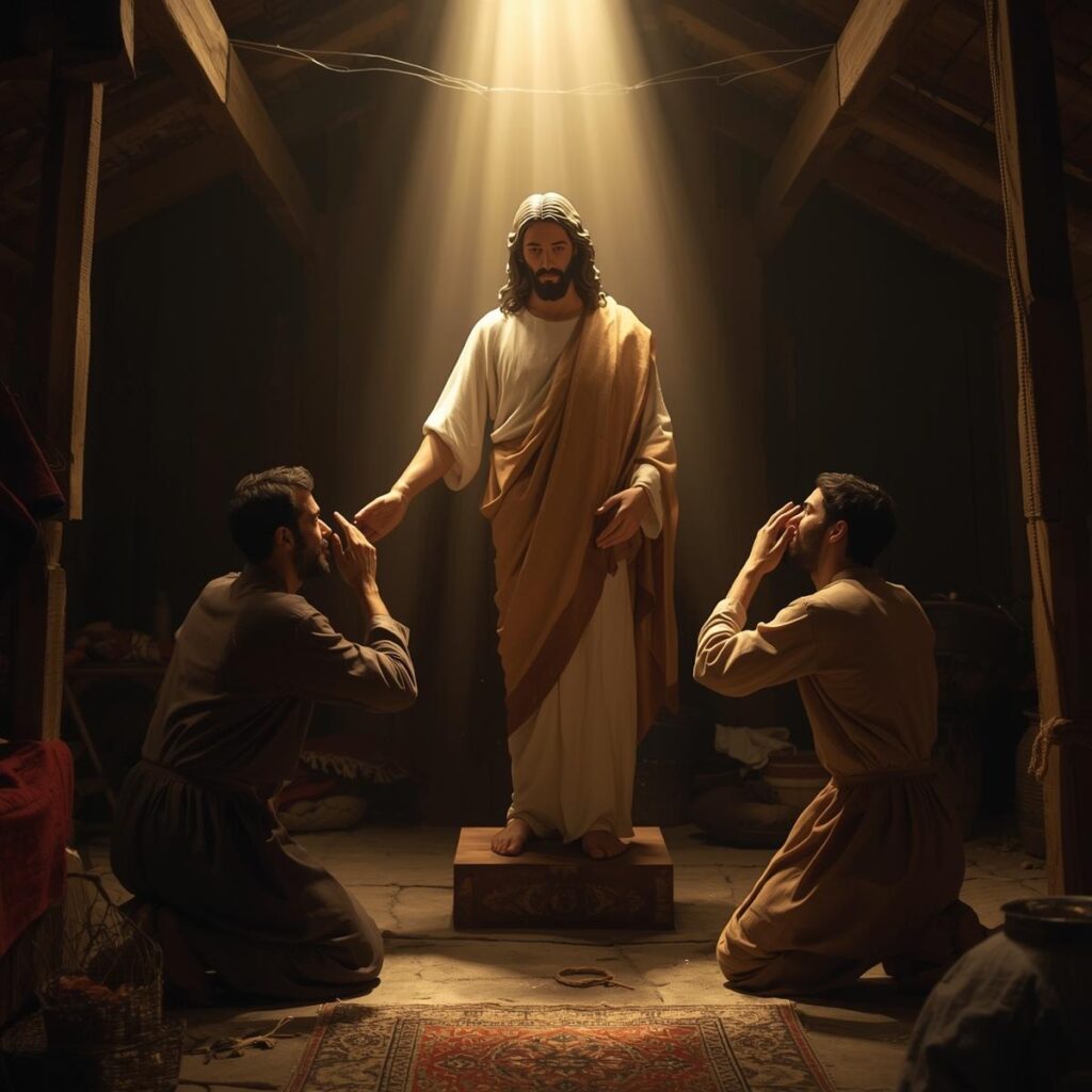 Inside a simple home two blind men kneeling before Jesus who is gently placing His hands over their eyes with