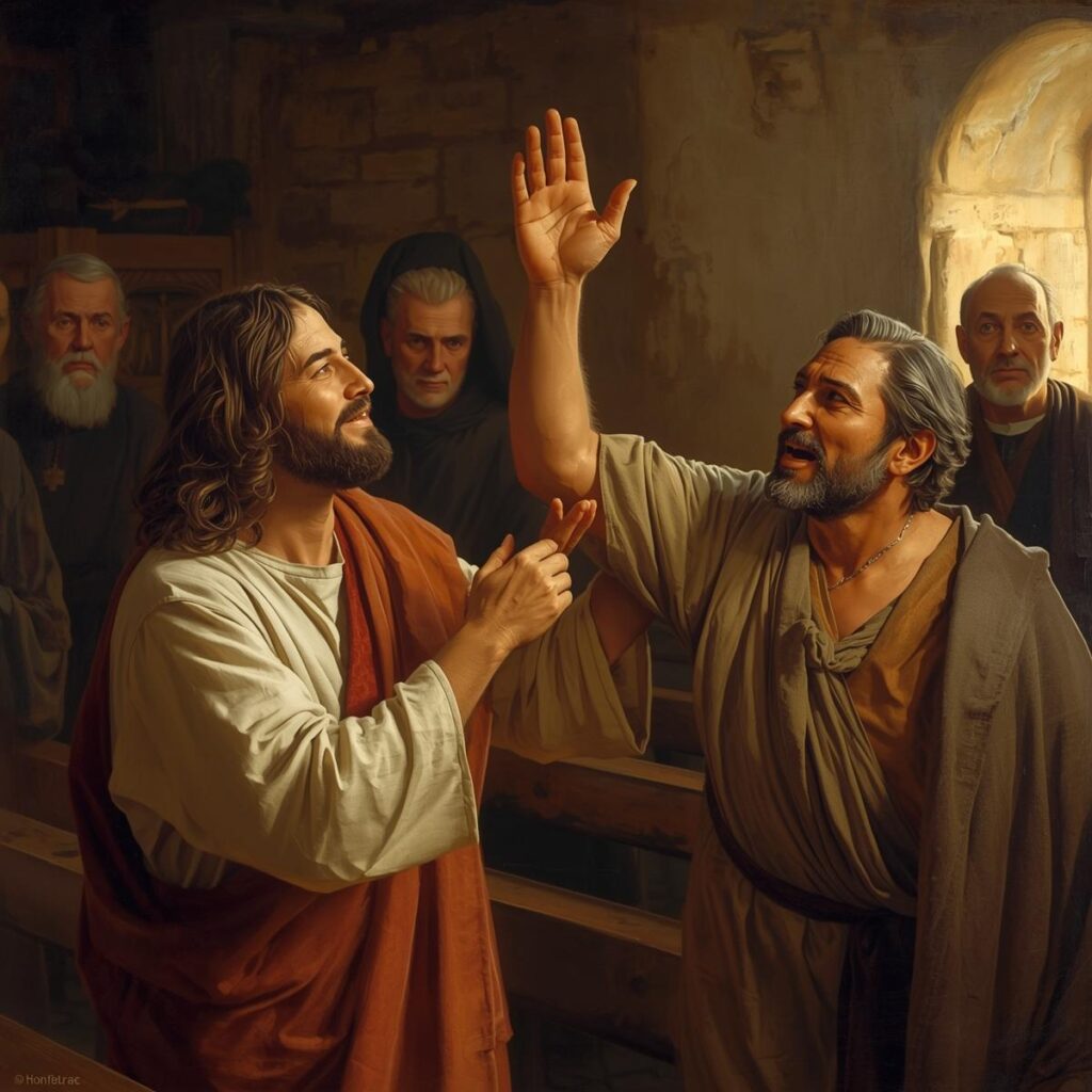 Inside a simple synagogue Jesus looks with compassion at a man holding up a once withered hand now whole and strong as religious leaders in the background look on with disapproval and shock 1