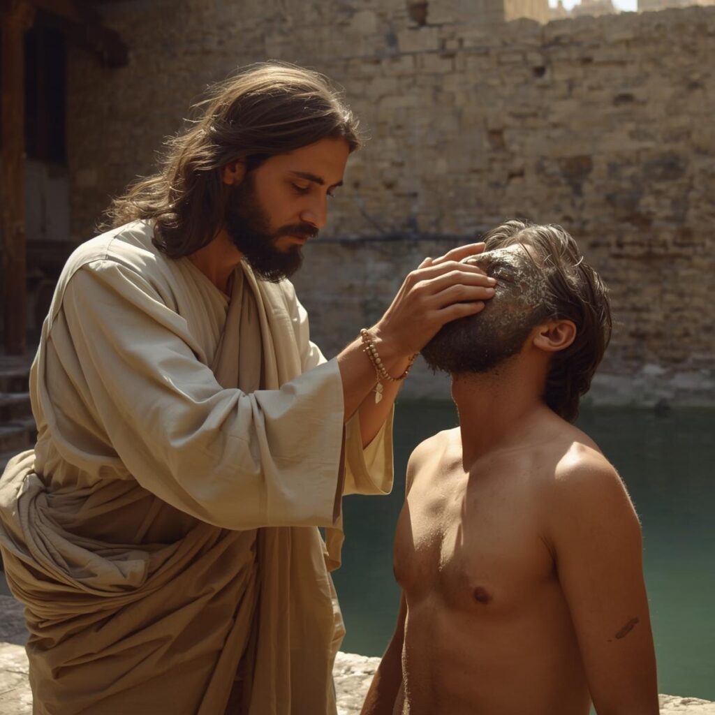 The Miracles of Jesus: More Than Wonders, Messages of Love and Power - Part 1 7 Jesus gently applying mud made from dust and saliva to the eyes of a blind man whose face is upturned with hope outside the Pool of Siloam. 1