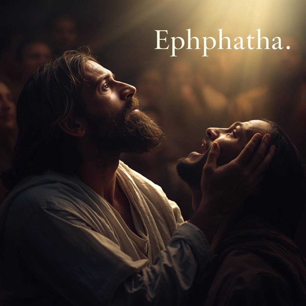 Jesus in a private moment away from a crowd gently touching a mans ears and mouth looking toward heaven with deep compassion as light seems to emanate from the word Ephphatha