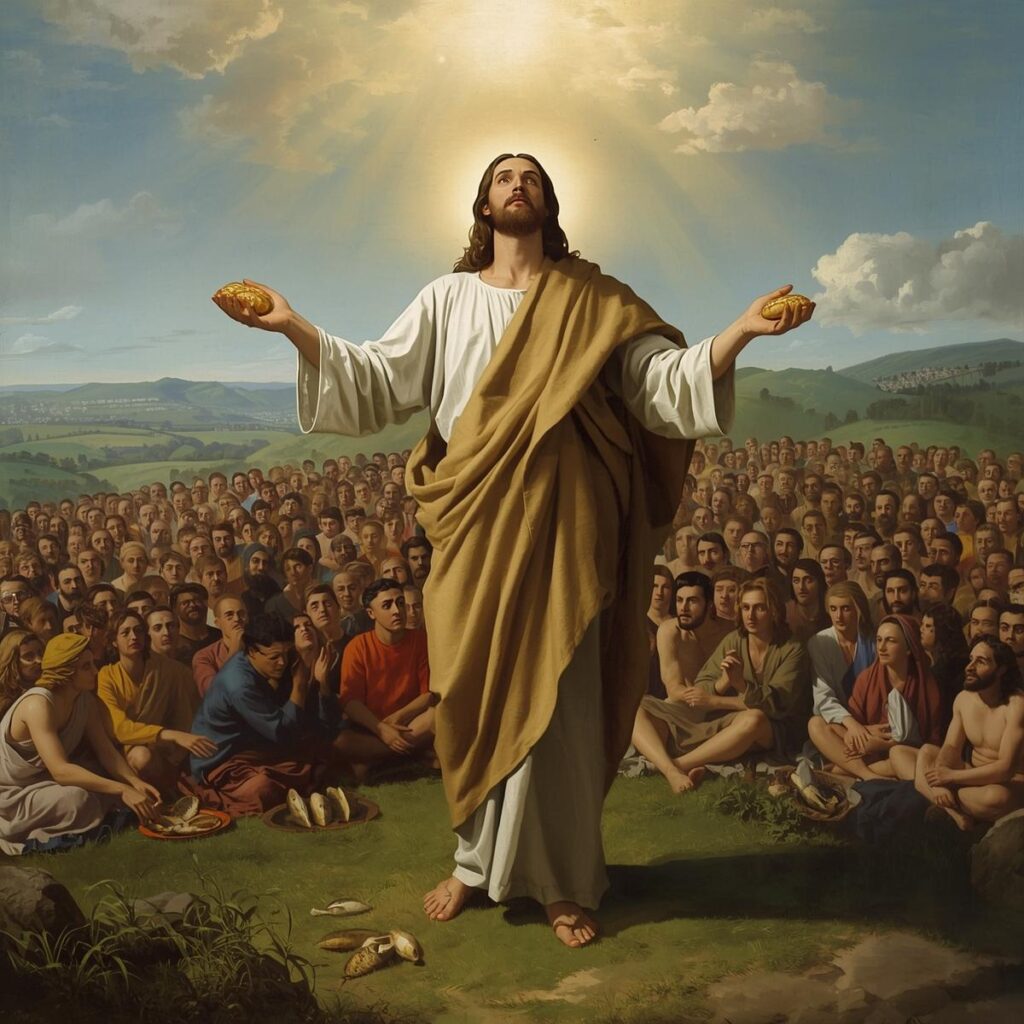 The Miracles of Jesus: More Than Wonders, Messages of Love and Power - Part 1 5 Jesus looking to heaven blessing five barley loaves and two small fish in His hands with a vast crowd of thousands seated on a green hillside awaiting food 5