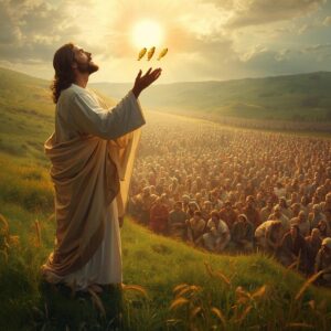 Jesus looking to heaven blessing five barley loaves and two small fish in His hands with a vast crowd of thousands seated on a green hillside awaiting food 7
