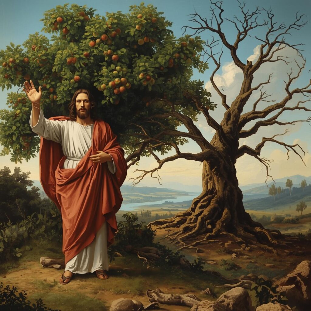 Jesus standing before a healthy leafy fig tree His hand outstretched in a gesture of judgment with the same tree in the immediate backgroun