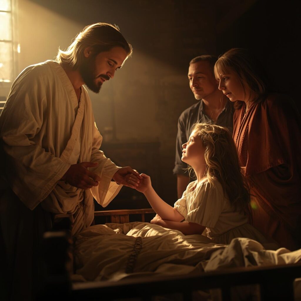 The Miracles of Jesus: More Than Wonders, Messages of Love and Power - Part 1 10 Jesus standing beside a simple bed gently holding the hand of a young girl who is just awakening her eyes opening as her parents watch in stunned tearful wonder. 5