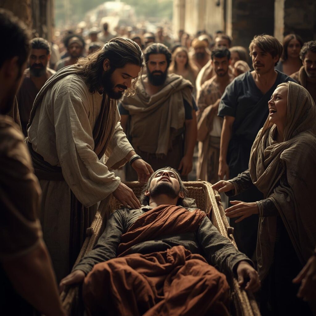 The Miracles of Jesus: More Than Wonders, Messages of Love and Power - Part 1 11 Jesus stopping a funeral procession at a city gate His hand on the bier of a young man who is sitting up in astonishment as his mother reaches for him with a cry of joy
