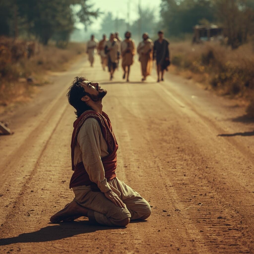 One man a Samaritan kneeling alone at the feet of Jesus on a dusty road his face lifted in tearful gratitude his skin clean while the other nine healed men ar
