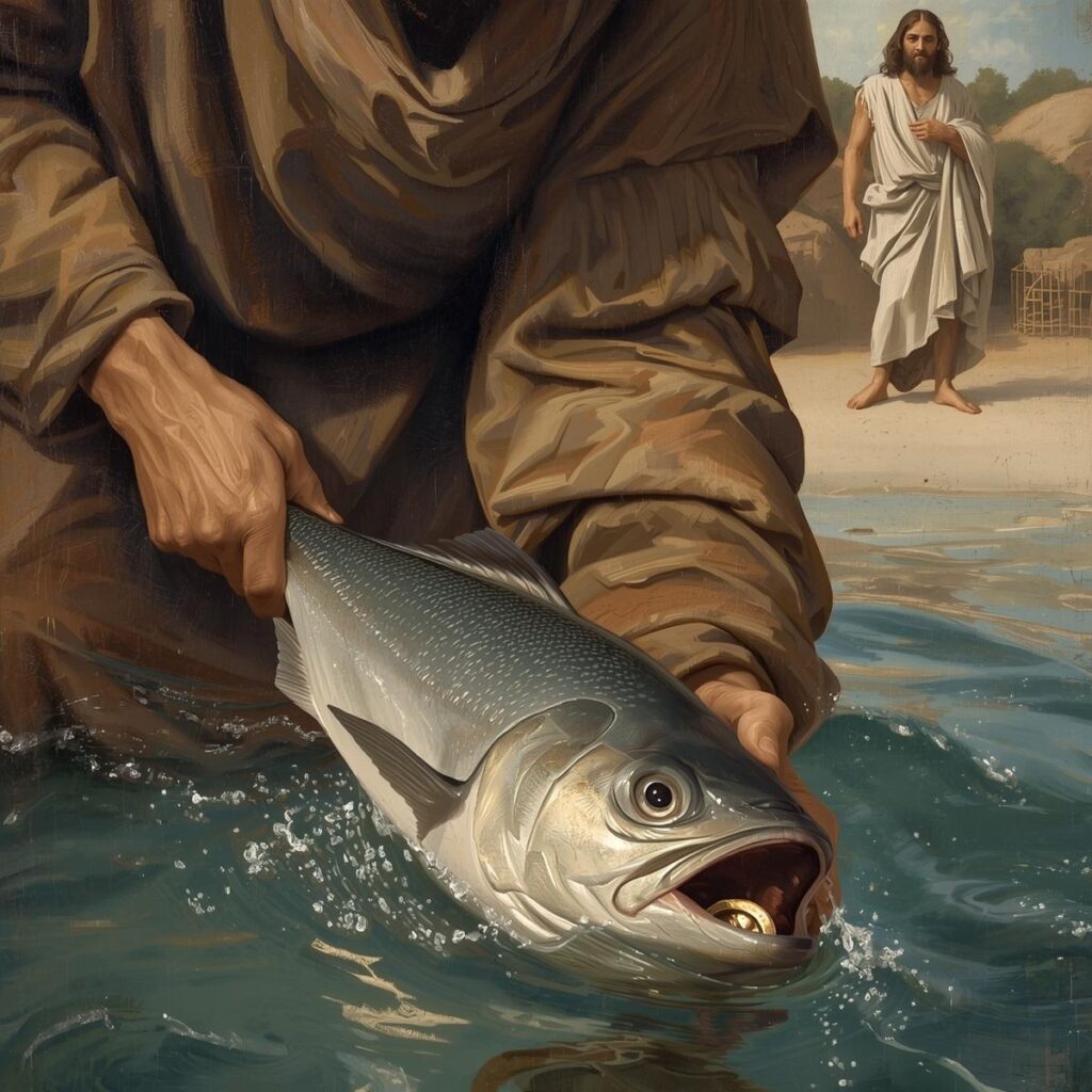 Peter pulling a fish from the Sea of Galilee a shimmering coin caught in its mouth with Jesus watching from the shore with a knowing and gentle expression. 3