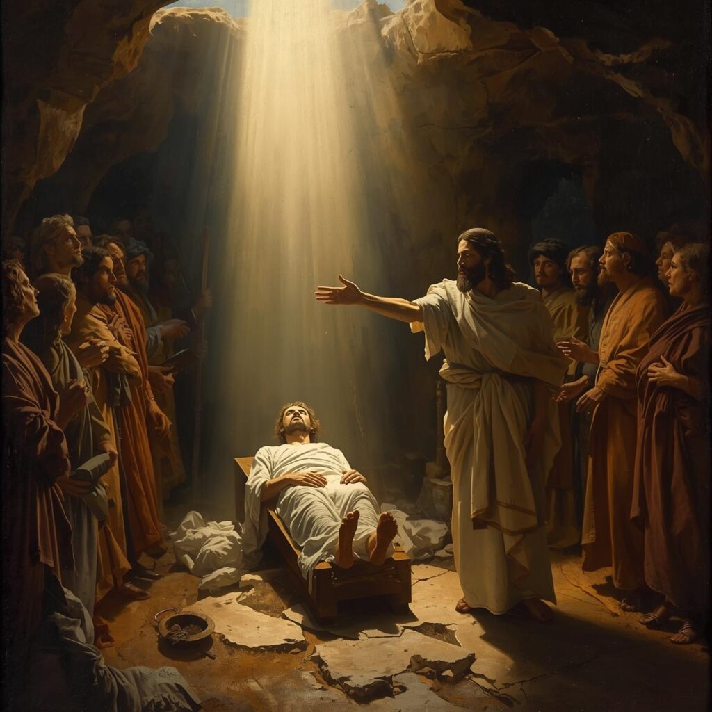 The Miracles of Jesus: More Than Wonders, Messages of Love and Power - Part 1 8 The moment Lazarus wrapped in white burial cloths steps out of a dark tomb into blinding sunlight as Jesus stands before him with arm outstretched surrounded by astonished onlookers. 1
