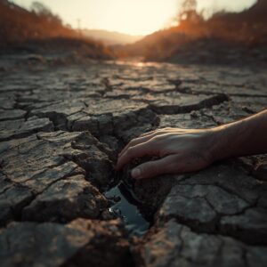 Day 6: The Provision in Barrenness 1 dry cracked riverbed under a soft morning sky. A single weathered hand is gently placed on the pa