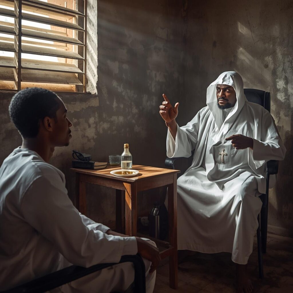10 Signs You're Following a Witchcraft Prophet, Not a Man of God 2 A candid photorealistic scene inside a simple concrete walled church office in Nigeria. A young man looking anxious and hope